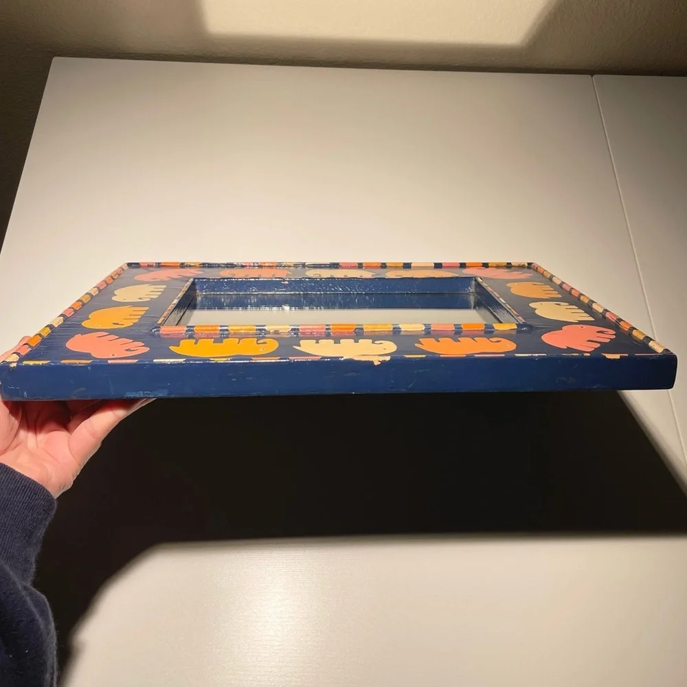 VTG Hand Painted Framed Rectangular Wall Mirror Elephant Motif Blue Orange